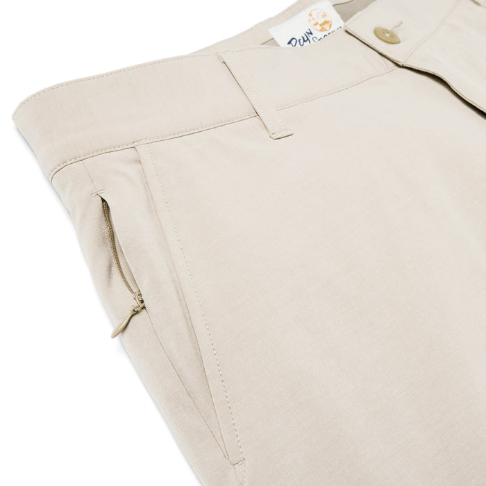 Reyn Spooner Aloha 'Aina 4 Way Stretch Stone color button front Shorts zoom in on pocket and hidden zipper pocket.