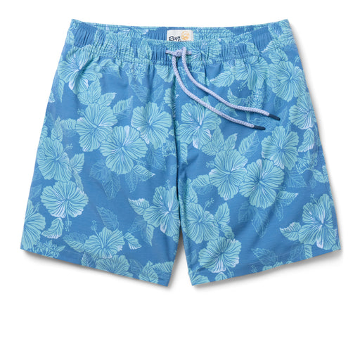 Aloha Biscus Draw String blue swim trunks with the flowers on a blue field.