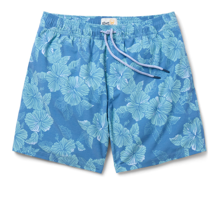 Aloha Biscus Draw String blue swim trunks with the flowers on a blue field.