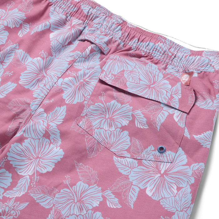 Aloha Biscus Draw String faded ginger swim trunks with the flowers back pocket zoom in.
