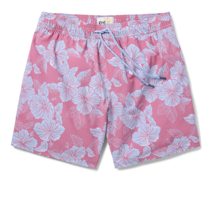 Aloha Biscus Draw String faded ginger swim trunks with the flowers.