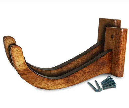 Dark wood varnished sustainable surfboard display set of racks with non-slip strips and mounting screws