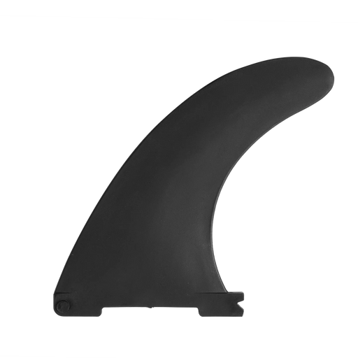 A used single black plastic 4 and a half inch SUP or kayak replacement fin for Airhead Swonder and other brands side view.