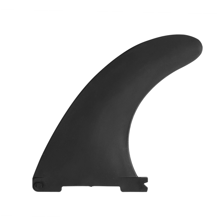 A used single black plastic 4 and a half inch SUP or kayak replacement fin for Airhead Swonder and other brands side view.
