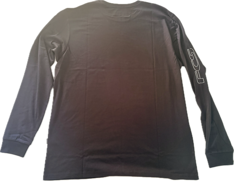 Black long-sleeve crew neck t-shirt with white text 'FCS' on the right bicep back view.