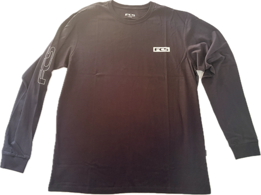 Black long-sleeve crew neck t-shirt with white text 'FCS' on the left chest and outer right bicep front view.