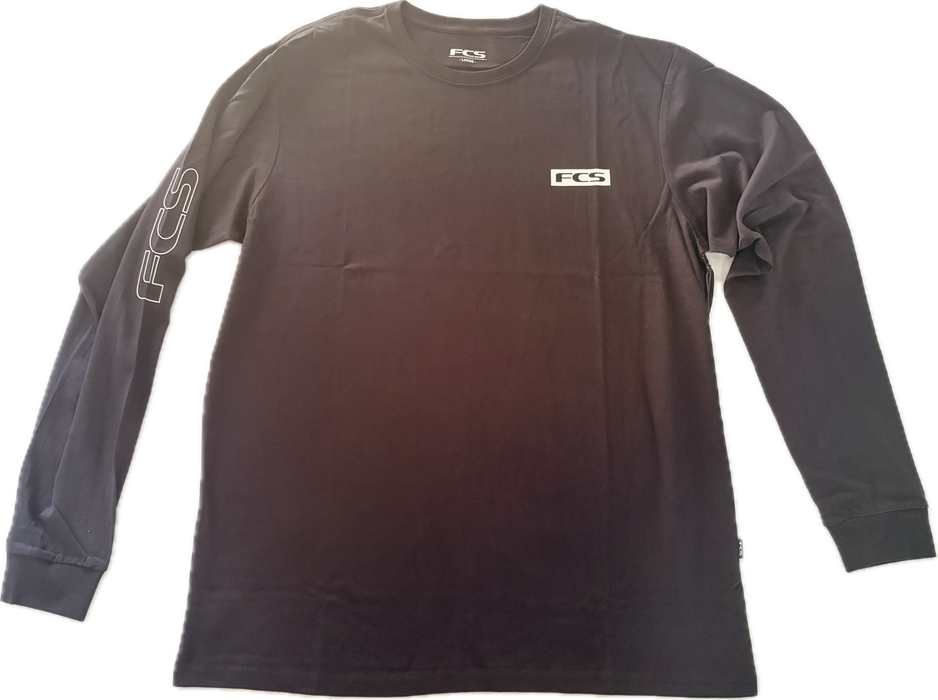Black long-sleeve crew neck t-shirt with white text 'FCS' on the left chest and outer right bicep front view.