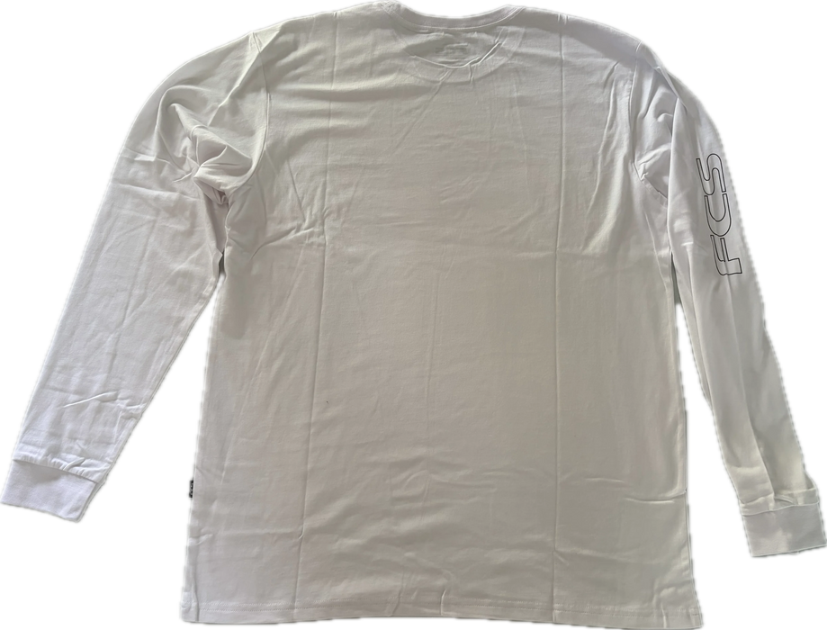 White long-sleeve crew neck t-shirt with black text 'FCS' on the right bicep back view.