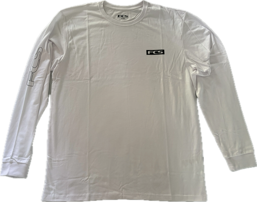White long-sleeve crew neck t-shirt with black text 'FCS' on the left chest and outer right bicep front view.