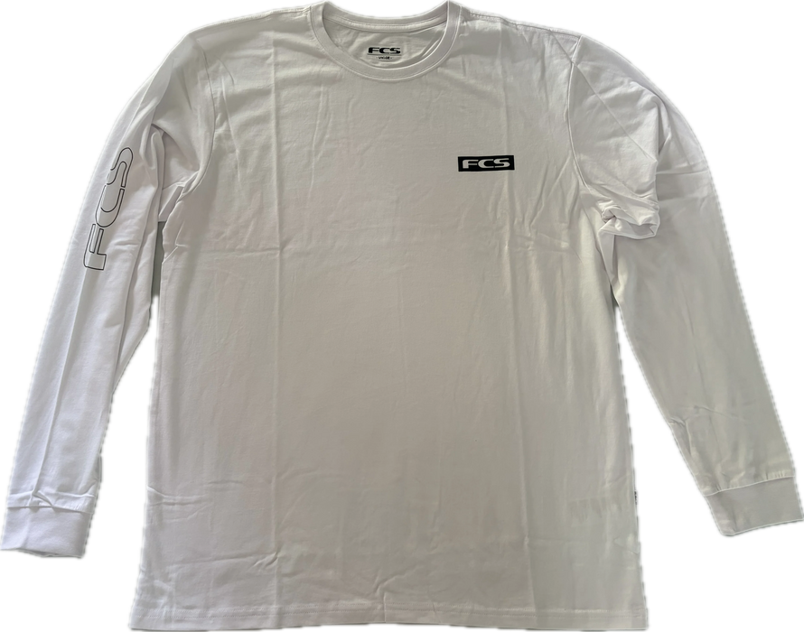 White long-sleeve crew neck t-shirt with black text 'FCS' on the left chest and outer right bicep front view.