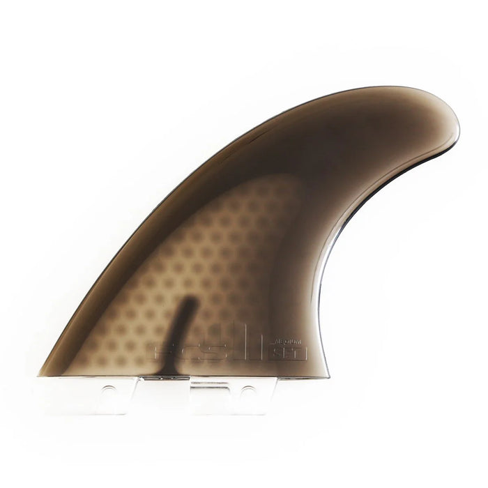 FCS II Safety Tri Fin Set - smoke colored fin only one is shown with a clear base and difficult to see.