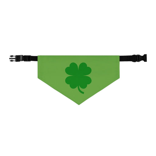 Green bandana with darker green four leaf clover or shamrock emblazoned on front with a common clasp attaching to the neck