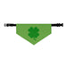 Green bandana with darker green four leaf clover or shamrock emblazoned on front with a common clasp attaching to the neck