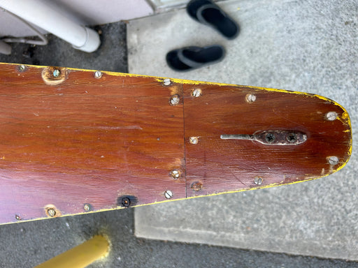 Near museum quality example Hawai'i made Vintage Tom Blake style surfboard 13 feet 10 inches zoom in on bottom tail view