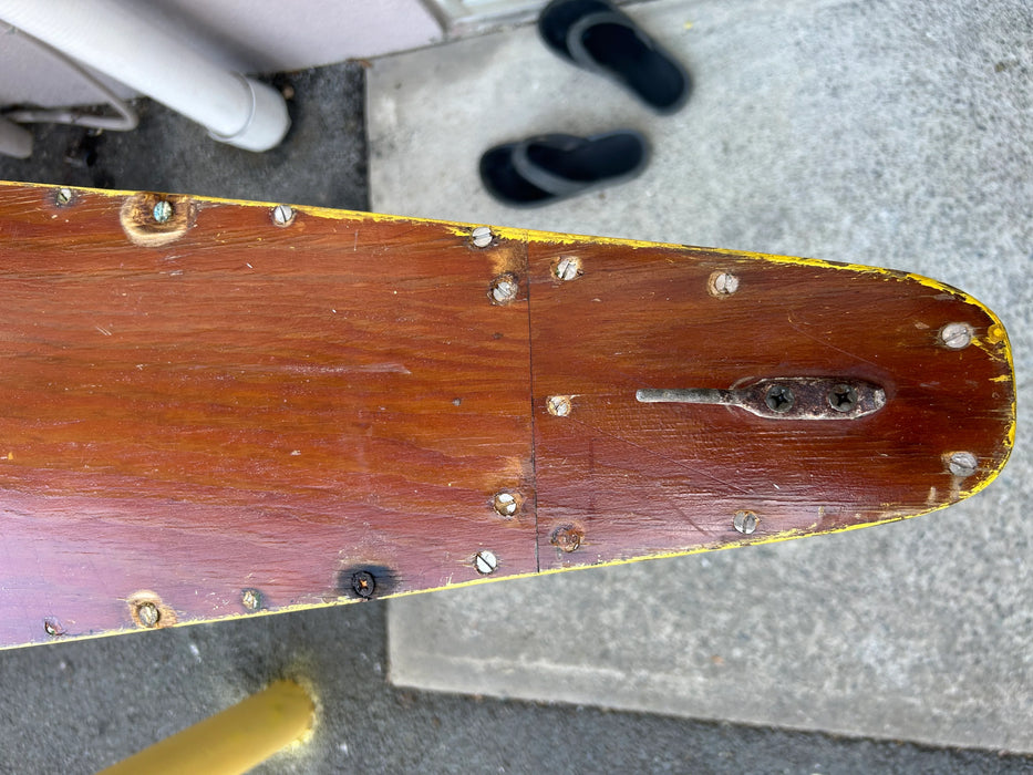 Near museum quality example Hawai'i made Vintage Tom Blake style surfboard 13 feet 10 inches zoom in on bottom tail view