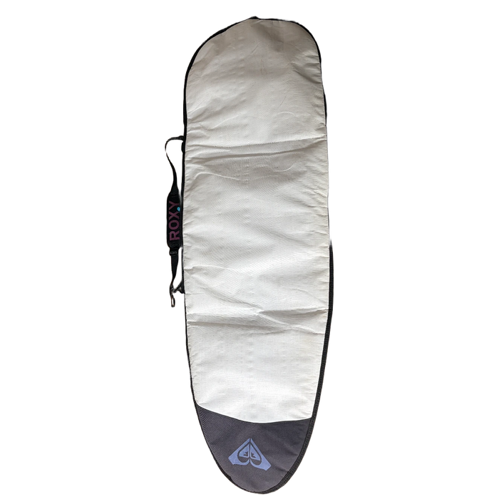 Used 6' Roxy surfboard bag with strap generous outline to fit wider hybrid, Retro, alternative and Fish shapes obverse side.