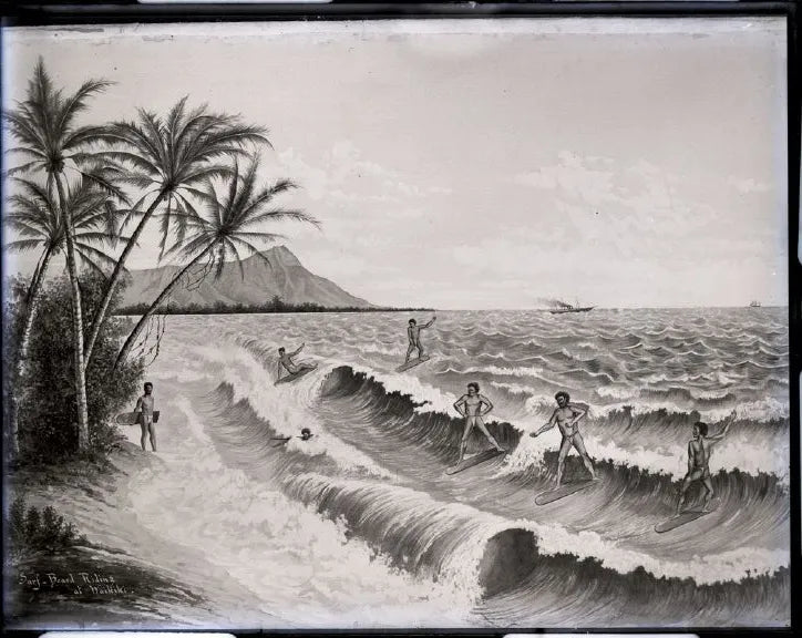 Lithograph of Hawaiians surfing He'e Nalu with Damond Head Le'ahi in the background