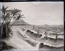 Lithograph of Hawaiians surfing He'e Nalu with Damond Head Le'ahi in the background