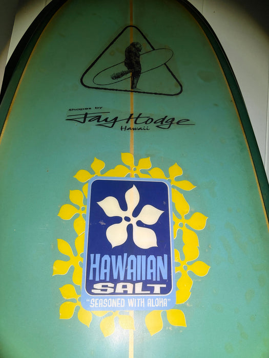 Used Jay Hodge shaped Surfboard Longboard 9' x 22" x 2 7/16" bottom view zoom in on the Hawaiian Salt logo