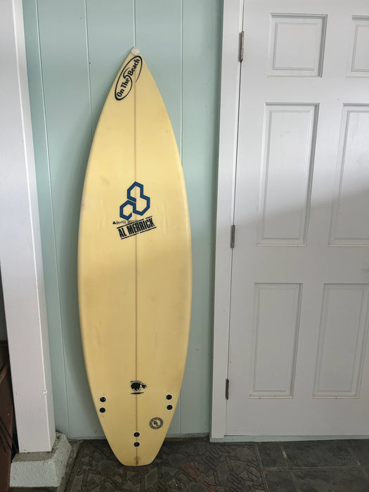 Al Merrick "The Mongrel" 6' 0" Short Board Ultra Light High Performance Channel Islands surfboard botttom view FCS fin plugs