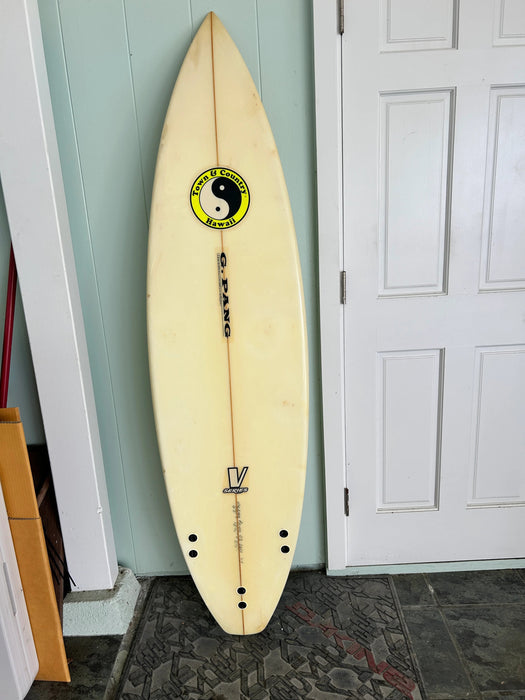 used signed Glen Pang 6'3" V1 surfboard clear with FCS brand fin plugs bottom view