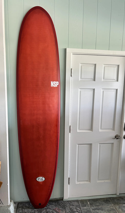 used 8' 6" NSP FunBoard Surfboard deck view of this 2 + 1 futures side fins red tint