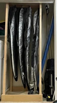 Hang Ups hanger system used to store 4 surfboards stored in their bags.