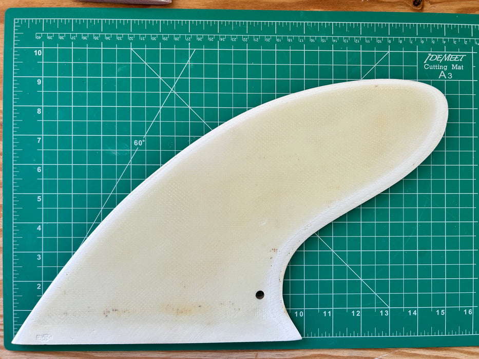 9" used and drilled white fiberglass Speed Fin from the 1960s