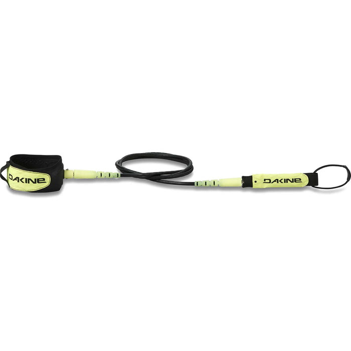 Dakine brand KAIMANA Surfboard Team surfboard leash Electric Tropical with a yellow and black color scheme, including a black urethane cord, a molded neoprene cuff and rail saver.