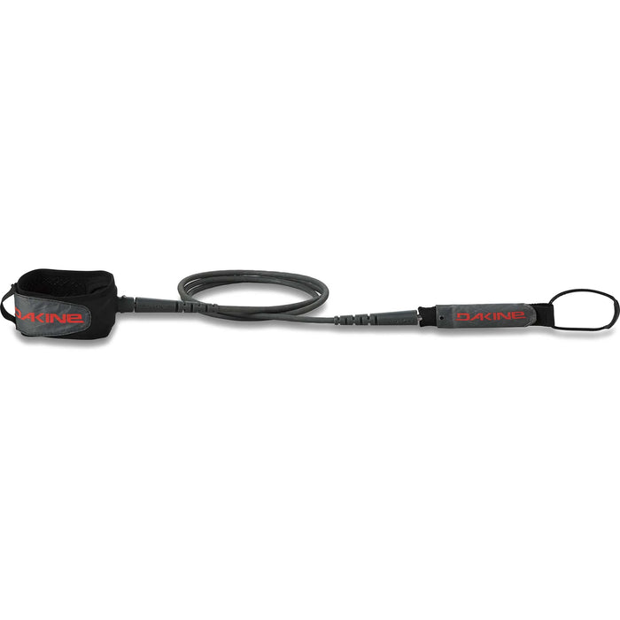 Dakine brand KAIMANA Surfboard Team surfboard Shadow leash with an orange and grey color scheme, including a grey urethane cord, a molded neoprene cuff and rail saver.