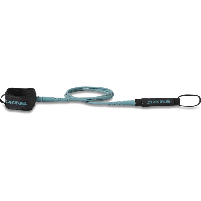 Dakine brand KAIMANA Surfboard Team surfboard leash with a vintage blue and black color scheme, including a vintage blue urethane cord, a molded neoprene cuff and rail saver.
