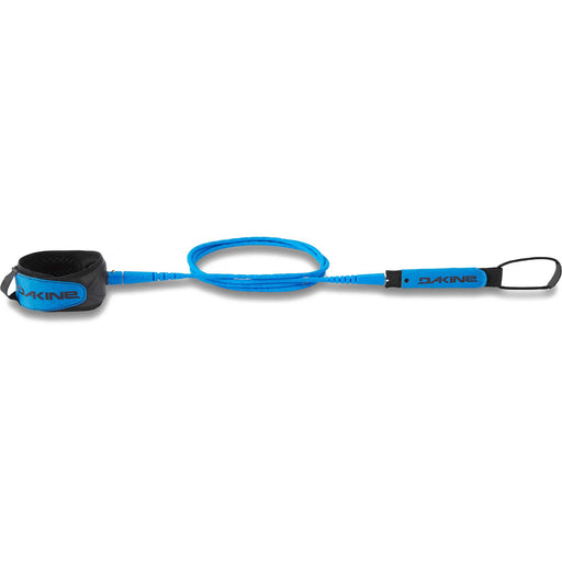 Dakine brand KAIMANA Surfboard Team surfboard leash blue and black color scheme, including a blue urethane cord, a molded neoprene cuff and rail saver.