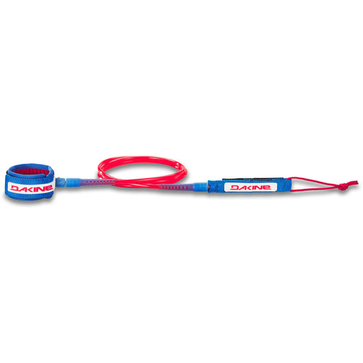 Dakine surfboard leash with blue rail saver and ankle cuff and pink lettering on white over the blue with a pink cord