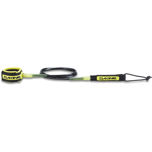 A Dakine-branded ProComp 6' X 3/16" surfboard leash with a yellow and black color scheme, including a urethane cord and a molded neoprene cuff and rail saver.