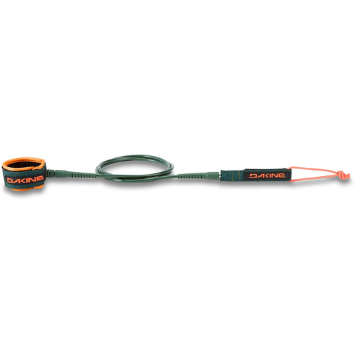 A Dakine-branded ProComp 6' X 3/16" surfboard leash with an olive and orange color scheme, including a urethane cord and a molded neoprene cuff and rail saver.
