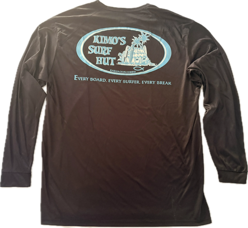 Black long-sleeve crew neck rashguard, featuring a baby blue and white graphic print of surfboards, palms and hut with the text 'KIMO'S SURF HUT' inside a double oval back view.