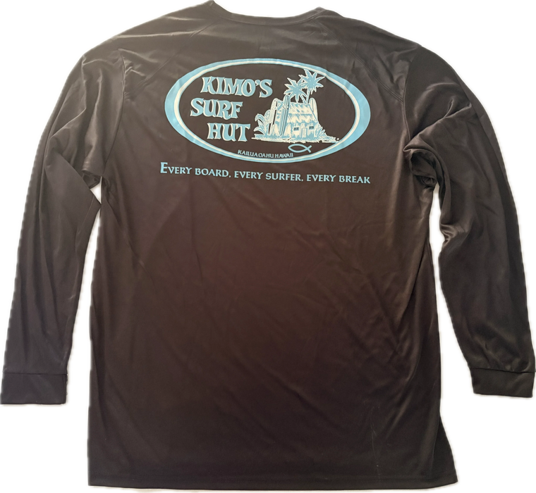 Black long-sleeve crew neck rashguard, featuring a baby blue and white graphic print of surfboards, palms and hut with the text 'KIMO'S SURF HUT' inside a double oval back view.