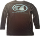 Black long-sleeve crew neck rashguard, featuring a baby blue and white graphic print of surfboards, palms and hut with the text 'KIMO'S SURF HUT' inside a double oval back view.
