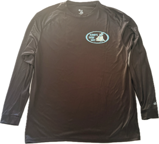 Black long-sleeve crew neck rashguard, front view featuring a baby blue and white graphic print of surfboards, palms and hut with the text 'KIMO'S SURF HUT' inside a double oval back view.