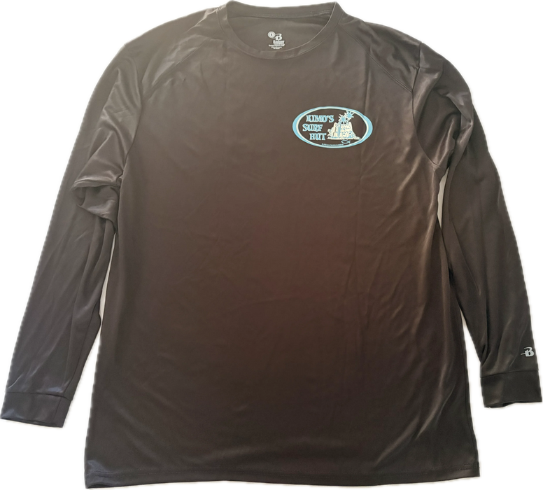 Black long-sleeve crew neck rashguard, front view featuring a baby blue and white graphic print of surfboards, palms and hut with the text 'KIMO'S SURF HUT' inside a double oval back view.