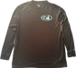 Black long-sleeve crew neck rashguard, front view featuring a baby blue and white graphic print of surfboards, palms and hut with the text 'KIMO'S SURF HUT' inside a double oval back view.