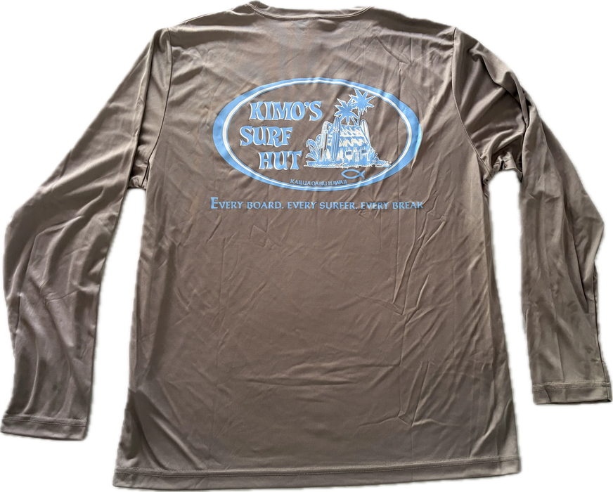 Carbon long-sleeve crew neck rashguard, featuring a baby blue and white graphic print of surfboards, palms and hut with the text 'KIMO'S SURF HUT' inside a double oval back view.
