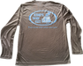 Carbon long-sleeve crew neck rashguard, featuring a baby blue and white graphic print of surfboards, palms and hut with the text 'KIMO'S SURF HUT' inside a double oval back view.