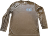 Carbon long-sleeve crew neck rashguard, front view featuring a baby blue and white graphic print of surfboards, palms and hut with the text 'KIMO'S SURF HUT' inside a double oval back view.