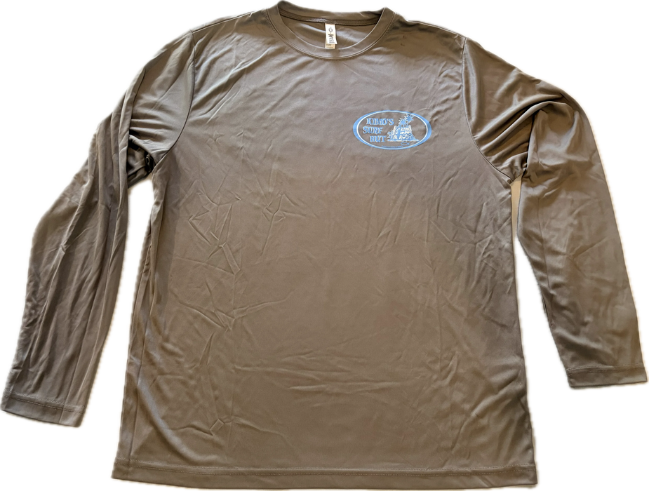 Carbon long-sleeve crew neck rashguard, front view featuring a baby blue and white graphic print of surfboards, palms and hut with the text 'KIMO'S SURF HUT' inside a double oval back view.