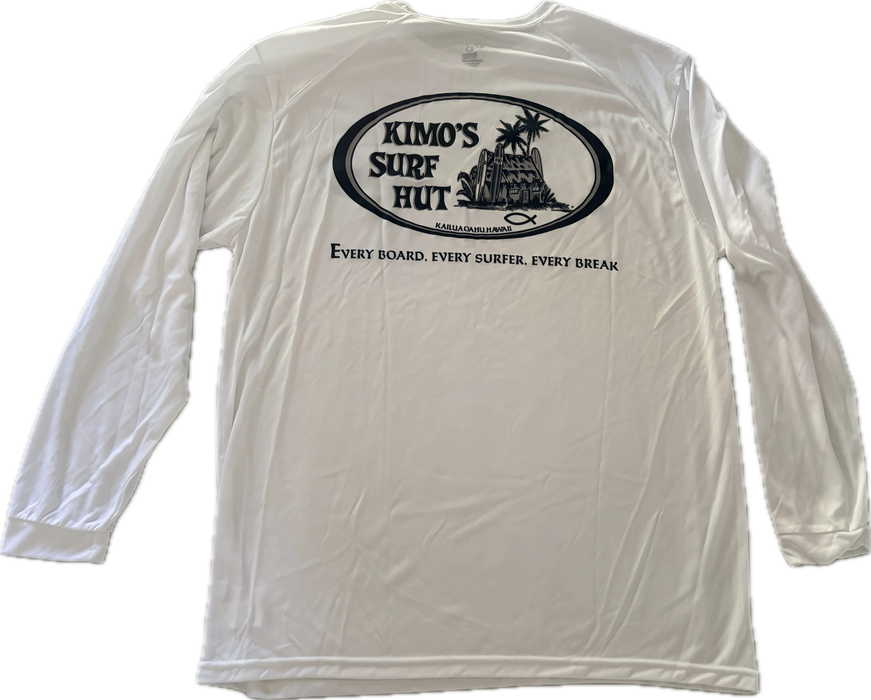 White long-sleeve crew neck rashguard, featuring a baby blue and white graphic print of surfboards, palms and hut with the text 'KIMO'S SURF HUT' inside a double oval back view.