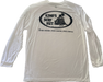 White long-sleeve crew neck rashguard, featuring a baby blue and white graphic print of surfboards, palms and hut with the text 'KIMO'S SURF HUT' inside a double oval back view.