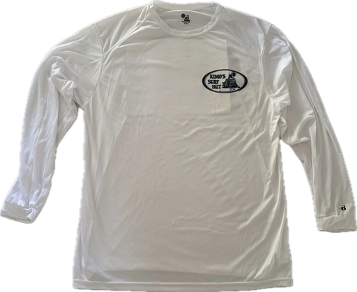 White long-sleeve crew neck rashguard, front view featuring a baby blue and white graphic print of surfboards, palms and hut with the text 'KIMO'S SURF HUT' inside a double oval back view.
