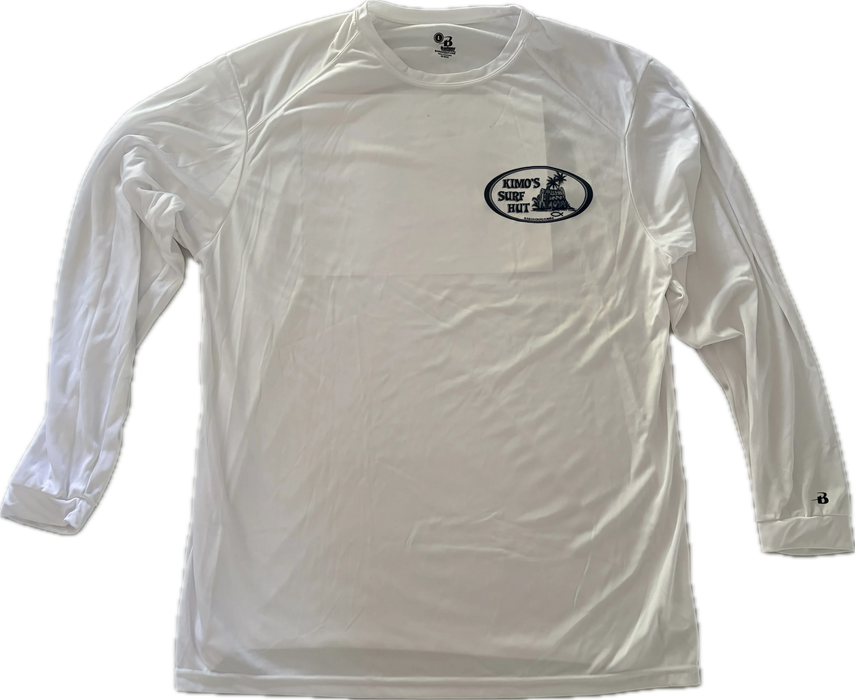 White long-sleeve crew neck rashguard, front view featuring a baby blue and white graphic print of surfboards, palms and hut with the text 'KIMO'S SURF HUT' inside a double oval back view.