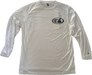 White long-sleeve crew neck rashguard, front view featuring a baby blue and white graphic print of surfboards, palms and hut with the text 'KIMO'S SURF HUT' inside a double oval back view.